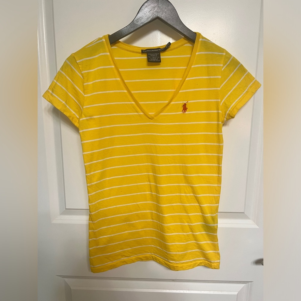 Yellow & white striped Polo sport V-neck tee shirt size XS